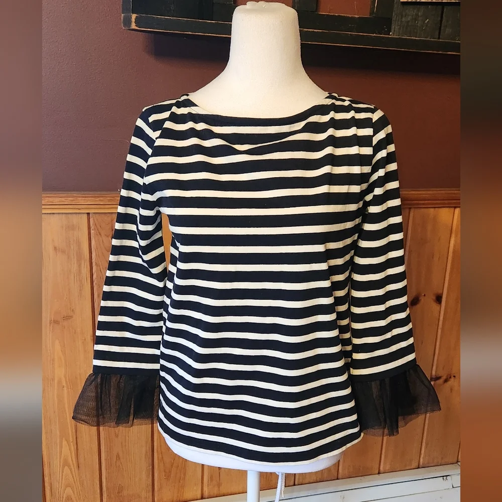 J. CREW XXS Black and White Striped Top with Tool Sleeve Spooky Halloween Top